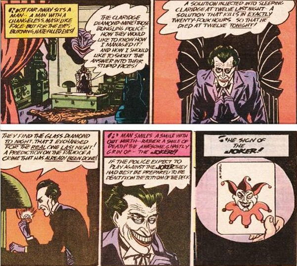 viñeta de batman#1 con las primeras apariciones del joker