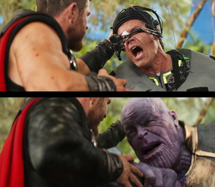 Imagen de Thanos en 'Vengadores: Infinity War' con y sin VFX.