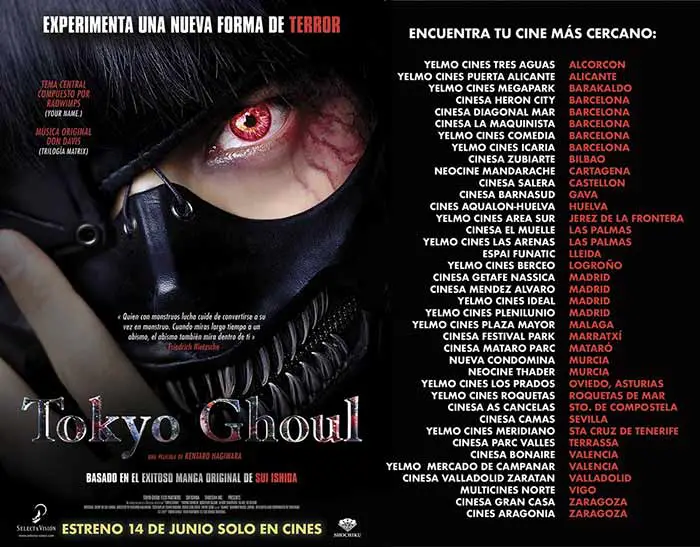 lista de cines en españa para ver la película tokyo ghoul en acción real