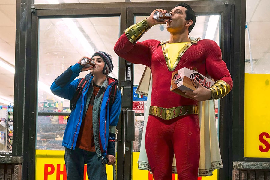 shazam! jack dylan grazer as freddy freeman and zachary levi as shazam