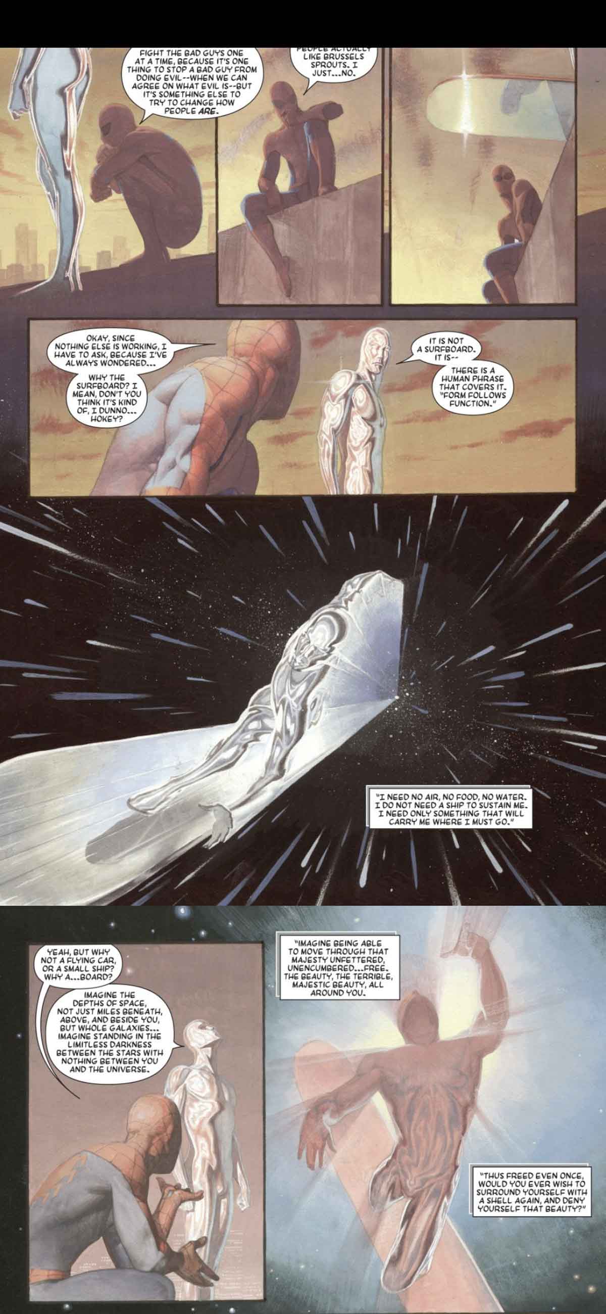 ¿por qué silver surfer usa una tabla de surf? así responde a spider-man