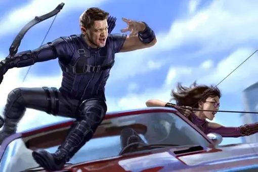 concept art de ojo de halcón con jeremy renner como clint burton junto a kate bishop