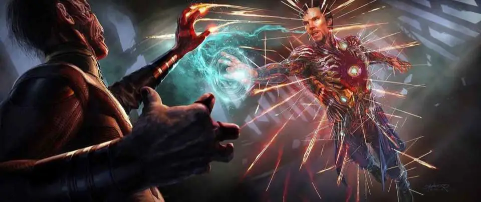 doctor strange con la armadura de iron man en vengadores: infinity war