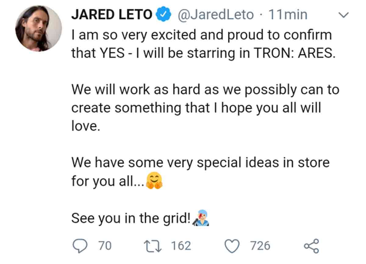 Jared Leto revela el título de Tron 3 y luego borra el Tweet