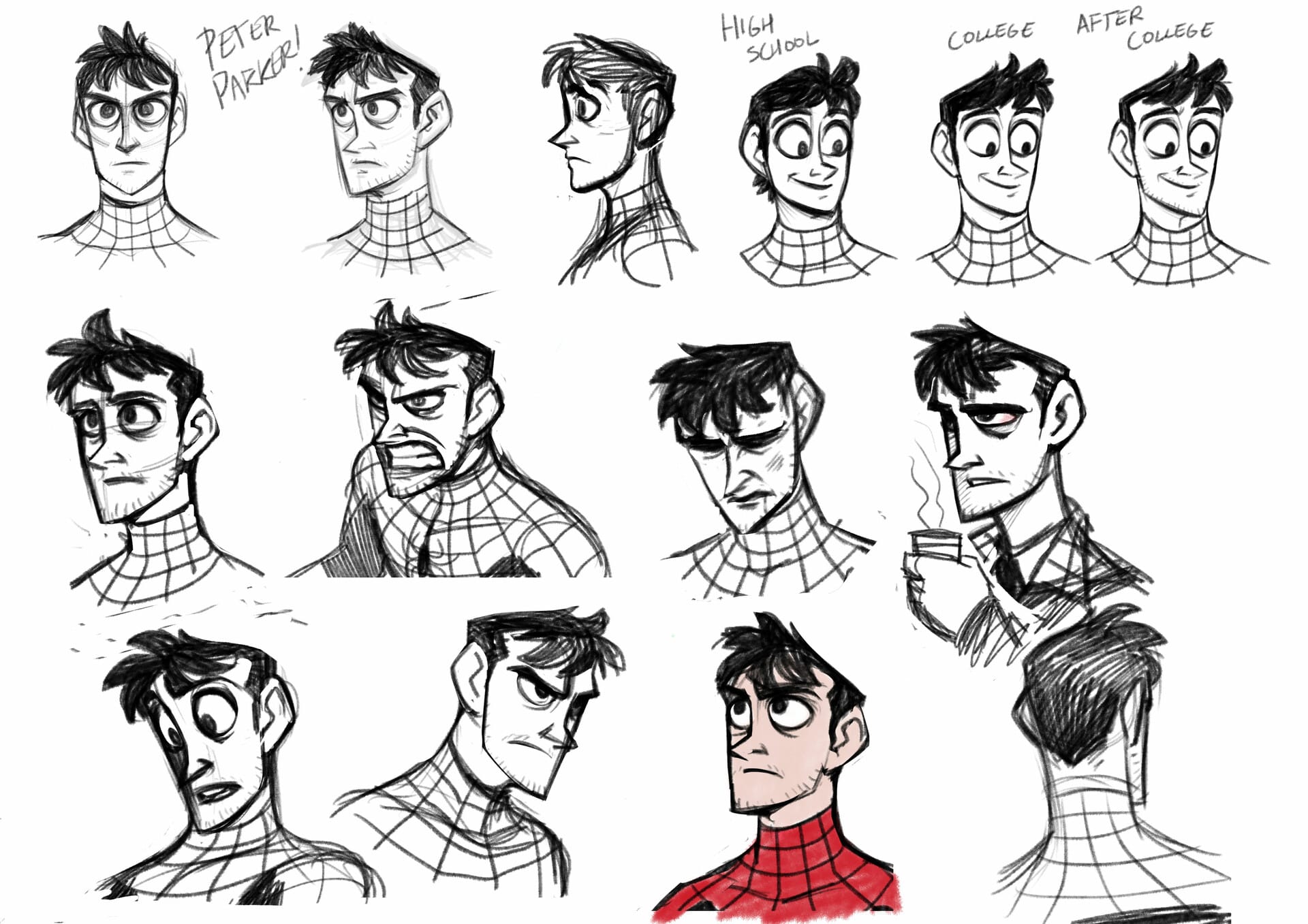 estudio de expresiones de peter parker pixar