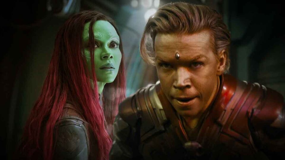 gamora (zoe saldana) y adam warlock (will poulter)