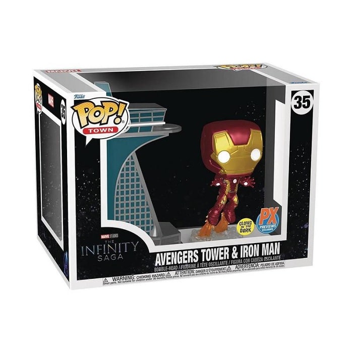 el funko de iron man en la torre de los vengadores (marvel studios)