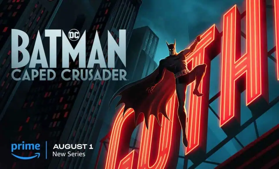 batman: caped crusader. en la imagen batman de noche colgado en un letrero luminoso que pone gotham